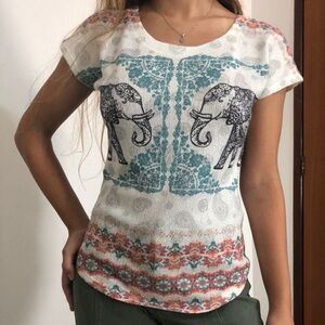 GAZE Elephant Geometric Print Boho Knit Top Festival Vibe Global Hippie Small